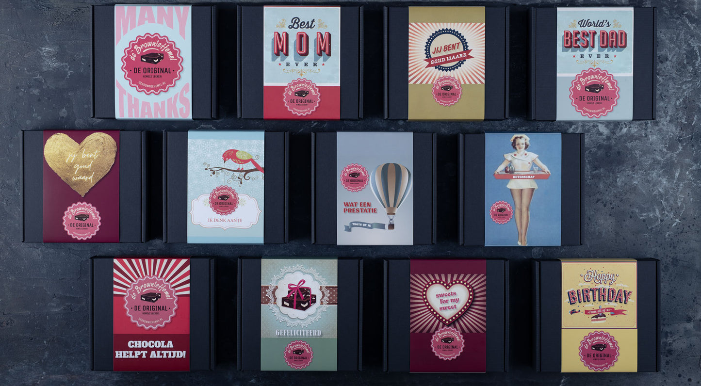 Alle giftboxen van De Browniehemel. 4 Brownies om cadeau te geven.