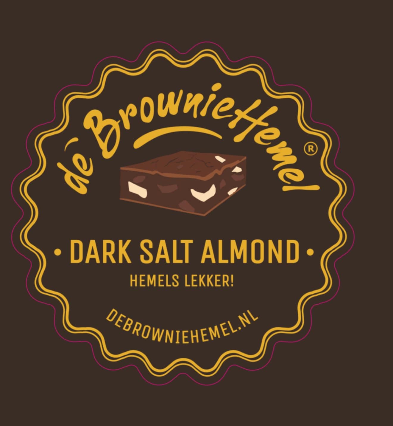 Logo van De Browniehemel voor de Dark Salt Almond brownie met illustratie van chocolade en amandelen.