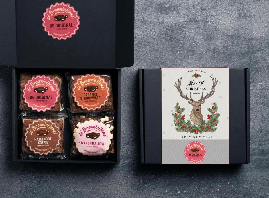 De 'Merry Christmas' Kerstmis giftbox van De Browniehemel. 4 Brownies om cadeau te geven.
