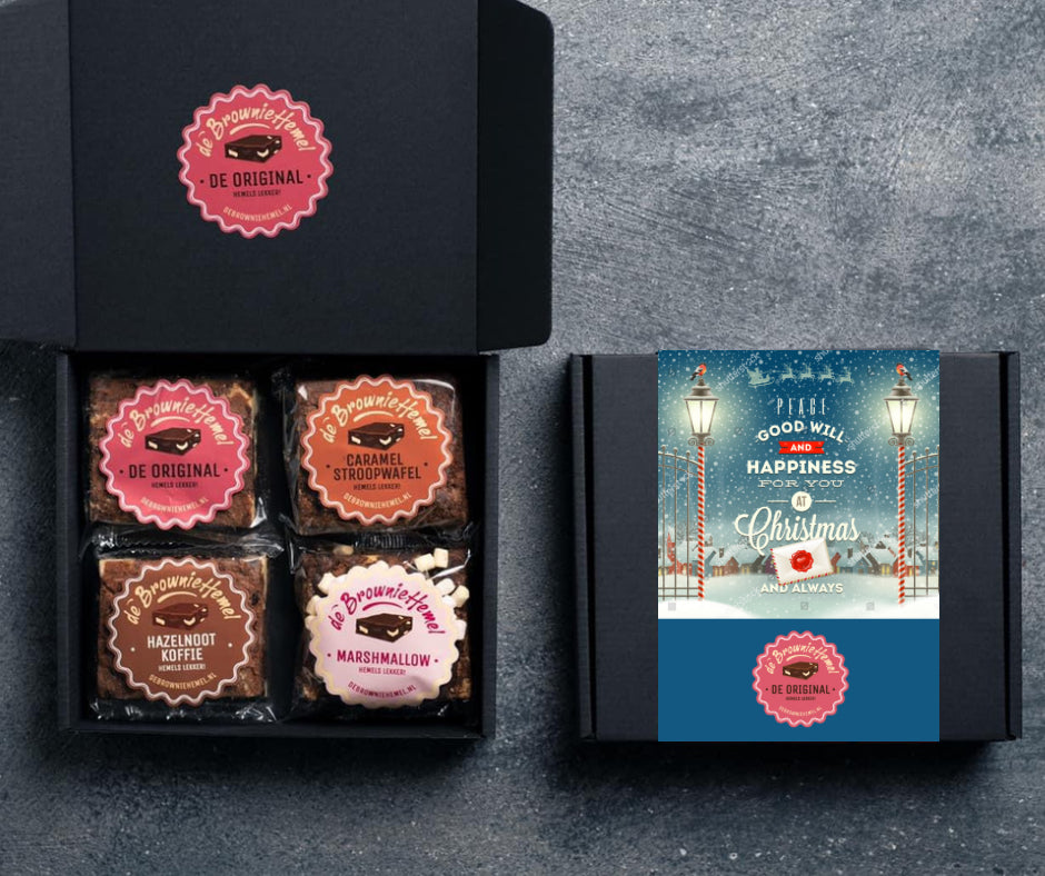 De 'Merry Christmas' Kerst giftbox van De Browniehemel. 4 Brownies om cadeau te geven.