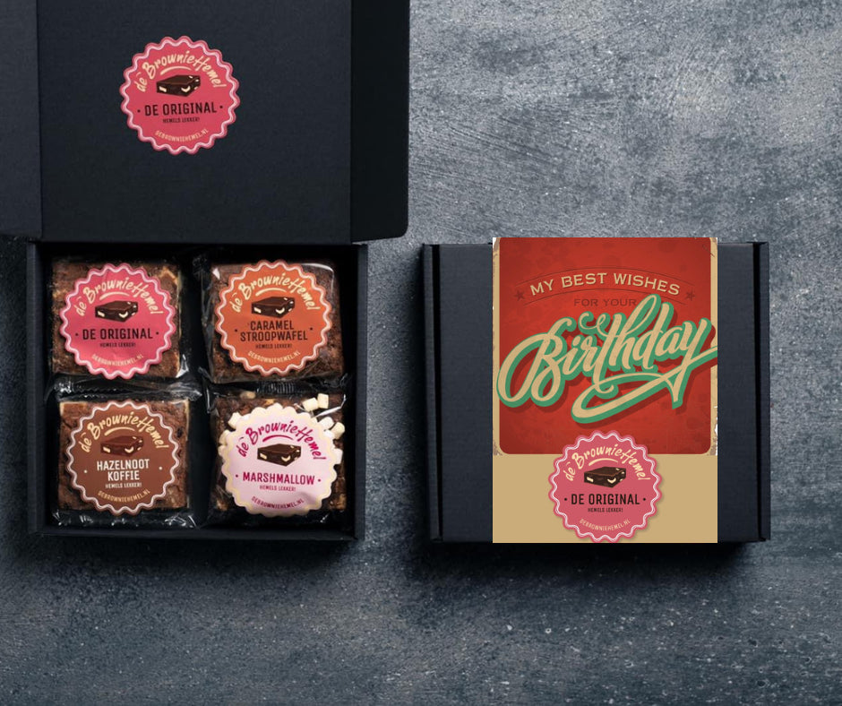 De Birthday, Verjaardag giftbox van De Browniehemel. Met 4 Brownies om cadeau te geven